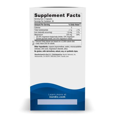 Nordic Naturals Magnesium Complex - 90 Capsules - 225 mg Magnesium, 1.9 mg Iron - Brain & Heart Health, Mood, Energy, & Muscle Relaxation - Non-GMO, Vegan - 30 Servings