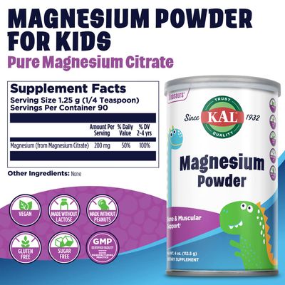 KAL Magnesium Powder, Magnesium for Kids, Pure Magnesium Citrate Powder, Healthy Bone Development, Muscle and Nerve Function Support, Vegan, Gluten Free, Sugar Free, 90 Servings, 4 oz