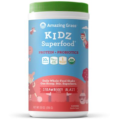 Amazing Grass Kidz Superfood: Vegan Protein &amp; Probiotics for Kids with Beet Root Powder &amp; 1/2 Cup of Leafy Greens, Strawberry Blast, 15 Servings