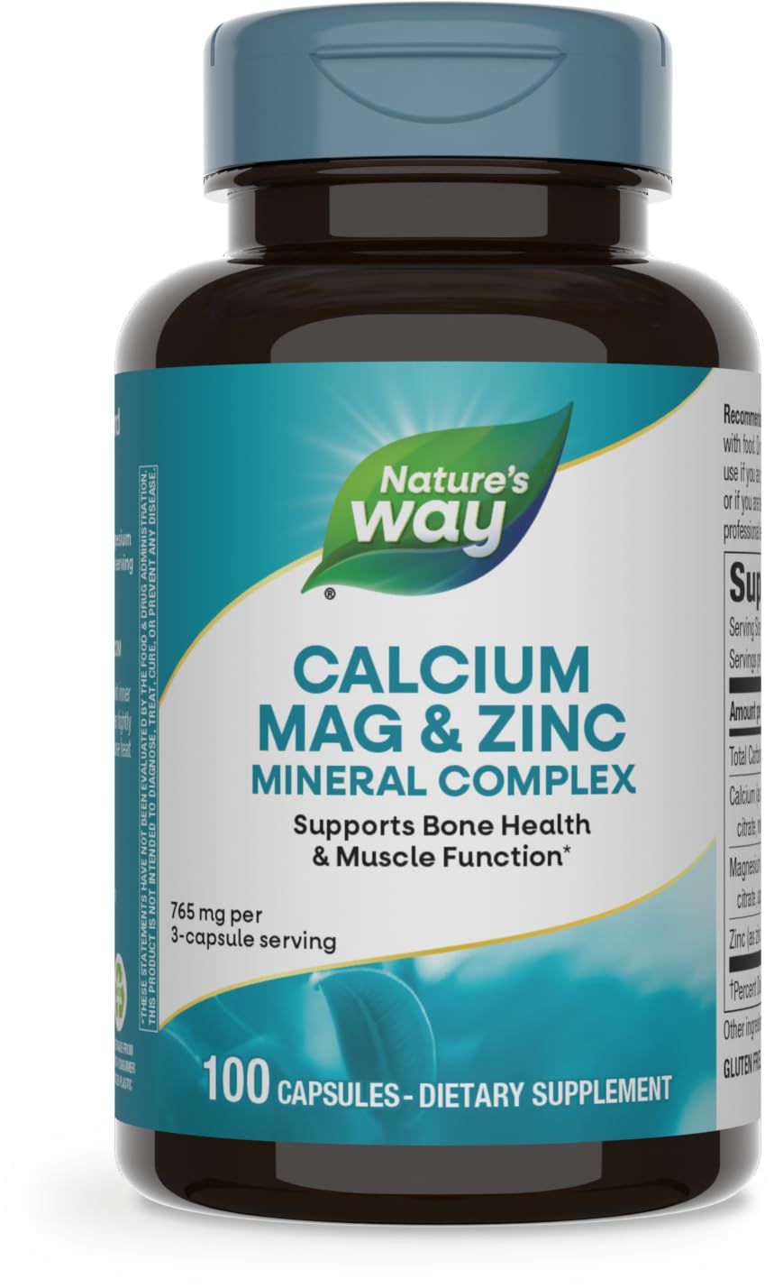 Nature&#39;s Way Calcium Magnesium &amp; Zinc Mineral Complex, Supports Bone Health &amp; Muscle Function*, Immune Support*, 765 mg per 3-Capsule Serving, Gluten Free, 100 Capsules (Packaging May Vary)