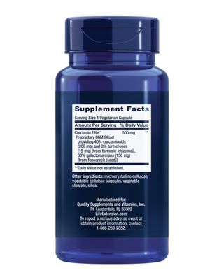 Life Extension Curcumin Elite Turmeric Extract, 500 mg, curcuminoids, turmerones, Fenugreek, Inflammation Health Support, Heart & Immune Support, Gluten-Free, Non-GMO, Vegetarian, 30 Capsules