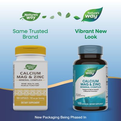Nature's Way Calcium Magnesium & Zinc Mineral Complex, Supports Bone Health & Muscle Function*, Immune Support*, 765 mg per 3-Capsule Serving, Gluten Free, 100 Capsules (Packaging May Vary)