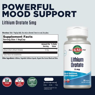 KAL Lithium Orotate 5 milligrams | Low Serving Of Chelated Lithium Orotate For Bioavailability and Mood Support | In Organic Rice Bran Extract Base | 120 VegCaps