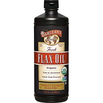 Barlean&#39;s Organic Flaxseed Oil Liquid, Cold Press Flax Seeds, 7,640mg ALA Omega 3 Fatty Acid Supplement for Joint and Heart Health &amp; Healthy Digestion, 32 oz