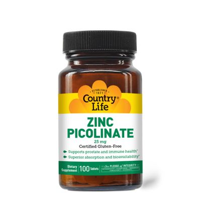 Country Life Zinc Picolinate 25 mg - Superior Absorption Zinc Supplement for Immune Support, Prostate Health &amp; Cellular Wellness - Certified Gluten-Free, Vegan &amp; Halal, Non-GMO - 100 Tablets