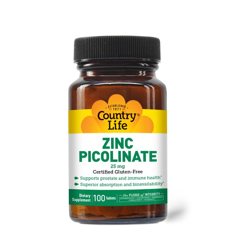 Country Life Zinc Picolinate 25 mg - Superior Absorption Zinc Supplement for Immune Support, Prostate Health &amp; Cellular Wellness - Certified Gluten-Free, Vegan &amp; Halal, Non-GMO - 100 Tablets