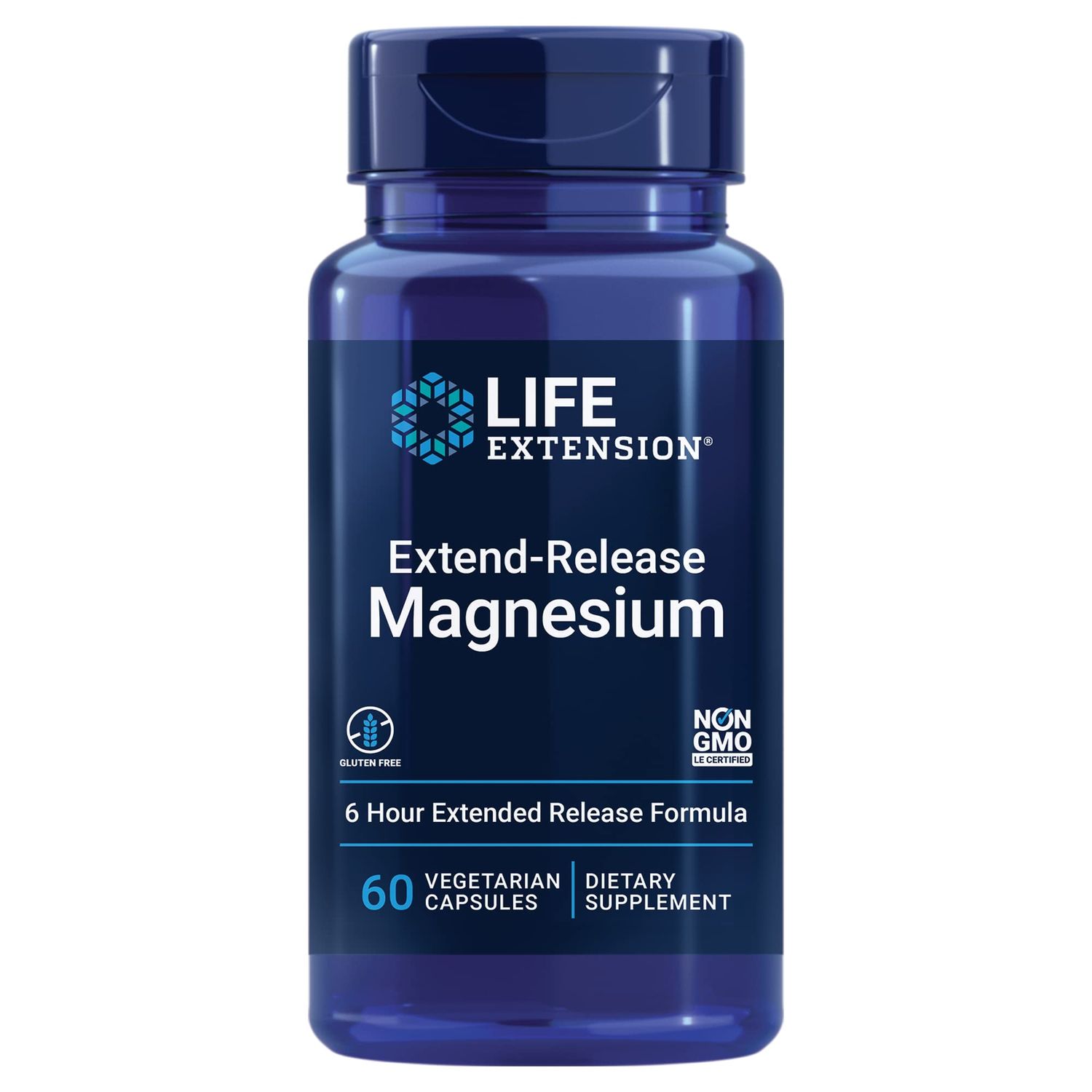 Life Extension Extend-Release Magnesium, prolonged heart &amp; bone health support, cardiovascular &amp; blood pressure health support, bioavailable formula, gluten-free, non-GMO, vegetarian, 60 capsules