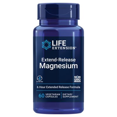 Life Extension Extend-Release Magnesium, prolonged heart &amp; bone health support, cardiovascular &amp; blood pressure health support, bioavailable formula, gluten-free, non-GMO, vegetarian, 60 capsules