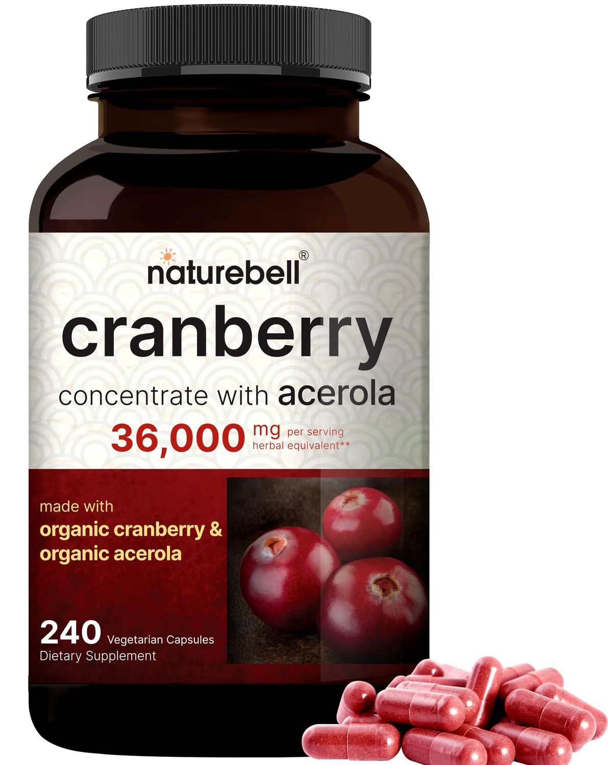 Naturebell Cranberry Pills 36,000mg with Acerola, 240 Veggie Capsules | 100:1 Fresh Cranberries Extract - Organic Ingredients - Supports Urinary Tract Health - Sugar-Free