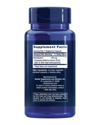 Life Extension Standardized European Bilberry Extract, 100 mg, MirtoSelectVaccinium myrtillus, Eye Health, Circulation, Lubrication, Gluten-Free, Non-GMO, Vegetarian, 90 Capsules