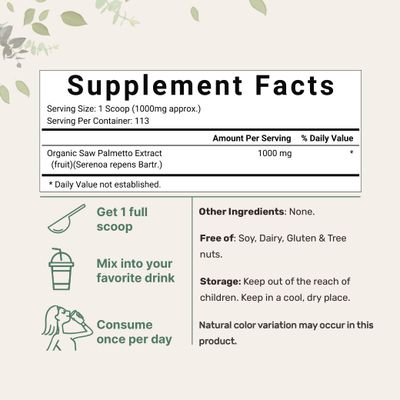 Sustainably US Grown, Organic Saw Palmetto Powder, 4 Ounce, with Active Fatty Acid, Pure Saw Palmetto Prostate &amp; Hair Growth Supplement, Healthy Urination Frequency &amp; Hair Loss Blocker Supplement