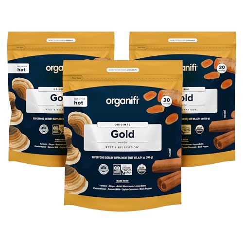 Organifi: Gold - Superfood Supplement Powder- 90 Servings (3 Pack) - Stress Support, Better Rest, Relaxation and Promotes Restful Sleep - Turmeric and Reishi Infused