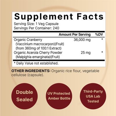 Naturebell Cranberry Pills 36,000mg with Acerola, 240 Veggie Capsules | 100:1 Fresh Cranberries Extract - Organic Ingredients - Supports Urinary Tract Health - Sugar-Free