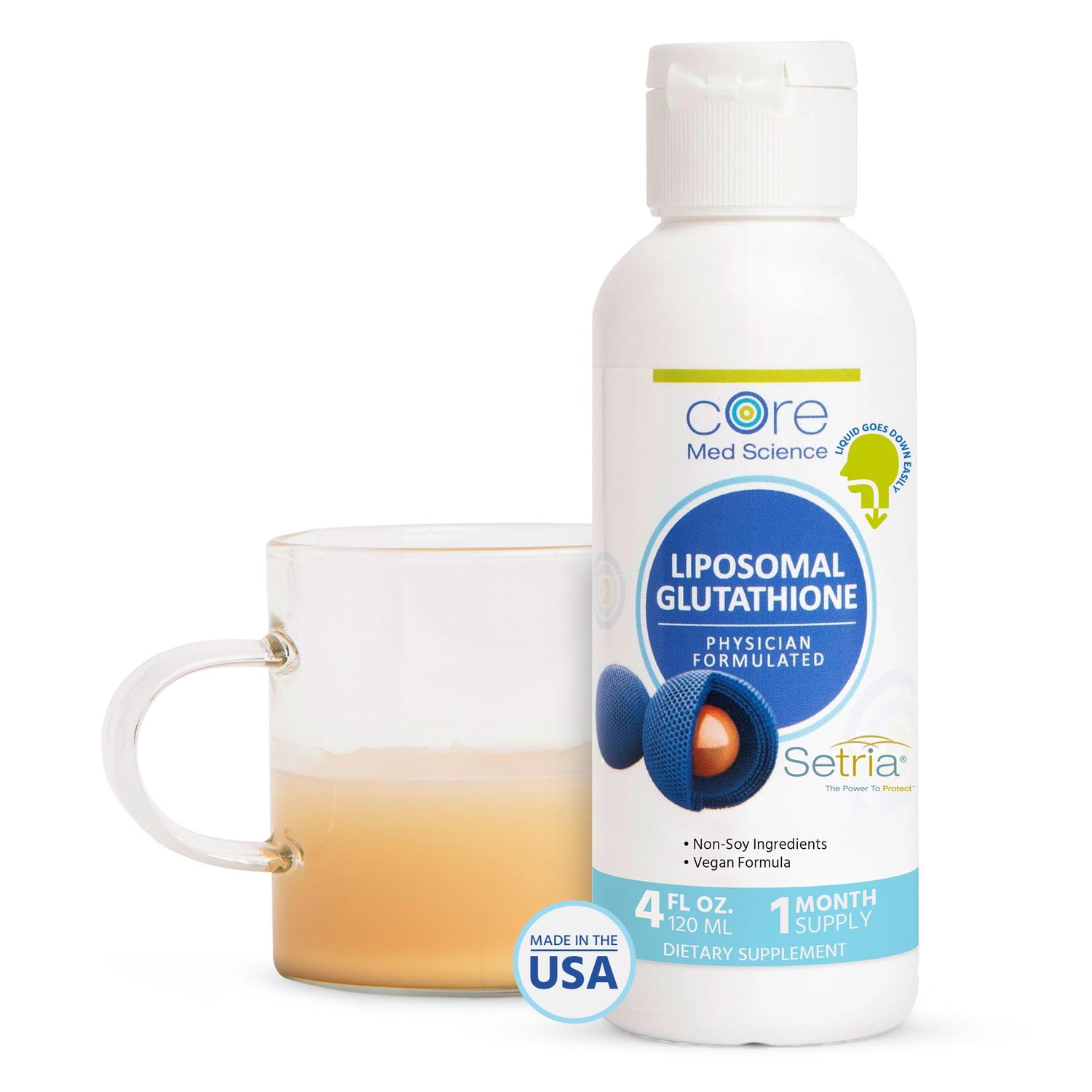 Core Med Science Liposomal Glutathione Liquid Supplement (500mg, 4 Fl Oz) - Pure Reduced Setria with Phospholipid Complex - Antioxidant Supplement for Energy, Brain Health, Skin &amp; Liver Health