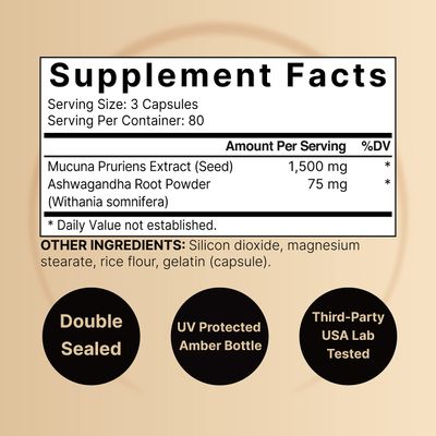 Mucuna Pruriens Capsules, Triple Strength 1500mg Per Serving, 2 in 1 Formula, Made with Mucuna and Ashwagandha, 240 Capsules, Potent Seed Extract, Positive Mood, Relaxation & Restoration Support