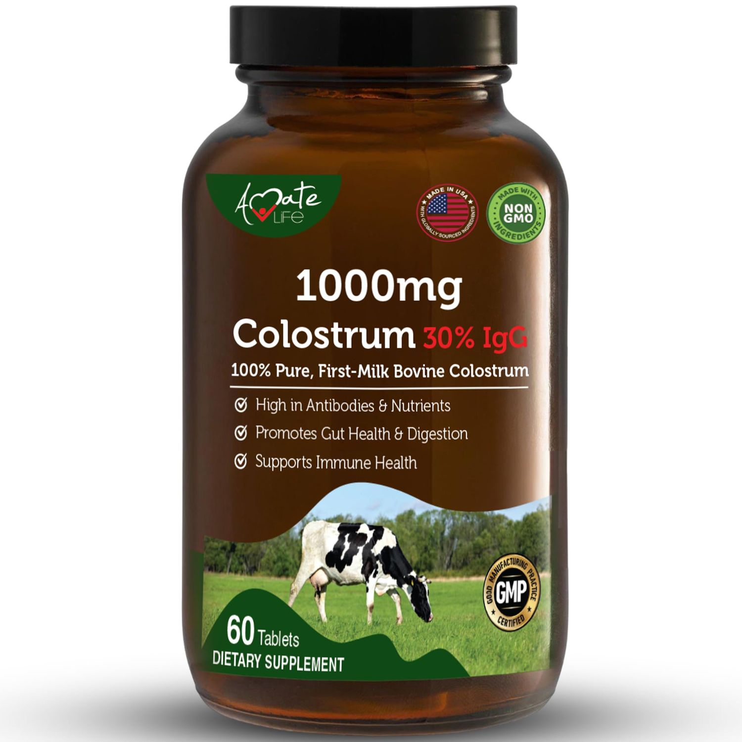 Amate Life Bovine Colostrum Capsules 1000mg Capsules with Lactoferrin Supplement, Bovine Colostrum Supports Immune System, Gut Health &amp; Respiratory System - 60 Bovine Colostrum Capsules
