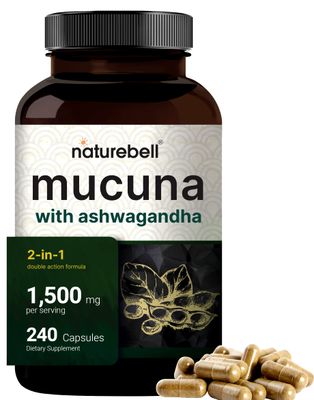 Mucuna Pruriens Capsules, Triple Strength 1500mg Per Serving, 2 in 1 Formula, Made with Mucuna and Ashwagandha, 240 Capsules, Potent Seed Extract, Positive Mood, Relaxation &amp; Restoration Support
