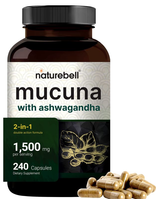 Mucuna Pruriens Capsules, Triple Strength 1500mg Per Serving, 2 in 1 Formula, Made with Mucuna and Ashwagandha, 240 Capsules, Potent Seed Extract, Positive Mood, Relaxation &amp; Restoration Support