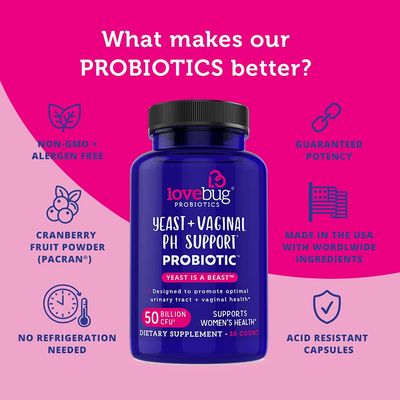 Lovebug Yeast + Vaginal pH Support | Clinically Studied Ingredients for Yeast &amp; UTIs | Multi Strain 50 Billion CFU | 30 Capsules