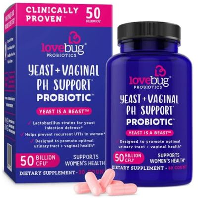 Lovebug Yeast + Vaginal pH Support | Clinically Studied Ingredients for Yeast &amp; UTIs | Multi Strain 50 Billion CFU | 30 Capsules