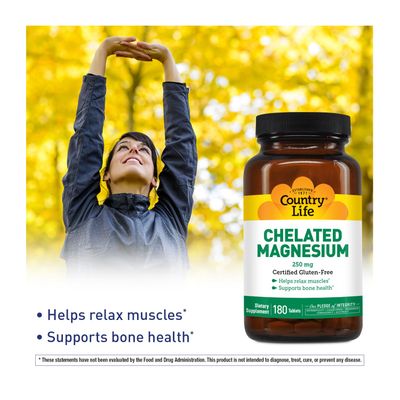 Country Life Chelated Magnesium 250mg - Supports Heart, Bone &amp; Muscle Health, Vegan-Friendly Magnesium Supplement with Magnesium Oxide and Amino Acid Chelate, Gluten-Free