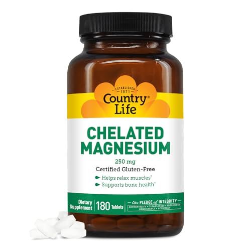 Country Life Chelated Magnesium 250mg - Supports Heart, Bone &amp; Muscle Health, Vegan-Friendly Magnesium Supplement with Magnesium Oxide and Amino Acid Chelate, Gluten-Free