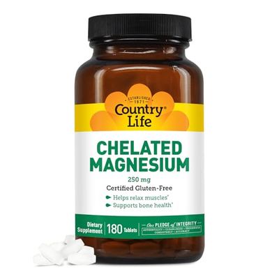 Country Life Chelated Magnesium 250mg - Supports Heart, Bone &amp; Muscle Health, Vegan-Friendly Magnesium Supplement with Magnesium Oxide and Amino Acid Chelate, Gluten-Free