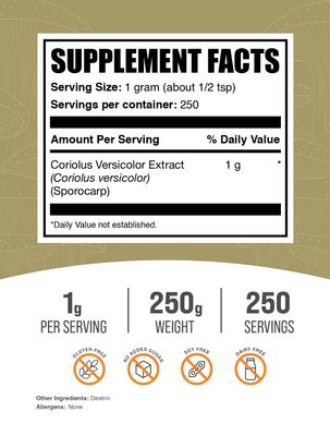 BulkSupplements.com Turkey Tail Mushroom Extract Powder - Coriolus Versicolor Extract, Turkey Tail Mushroom Powder - Vegan & Gluten Free, 1000mg per Serving. 250g (8.8 oz) (Pack of 1)