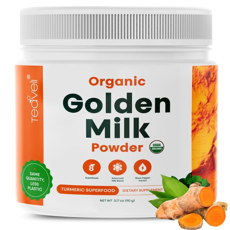Organic Golden Milk Powder (Leche Dorada organica) with Turmeric, Ginger, Curcumin, Cinnamon, KSM66 Ashwagandha, Tulsi &amp; Natural Prebiotics- Delicious Vegan-Friendly, Unsweetened Turmeric Tea Latte
