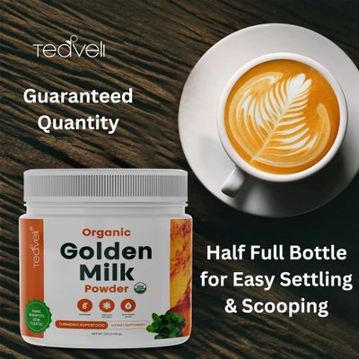 Organic Golden Milk Powder (Leche Dorada organica) with Turmeric, Ginger, Curcumin, Cinnamon, KSM66 Ashwagandha, Tulsi &amp; Natural Prebiotics- Delicious Vegan-Friendly, Unsweetened Turmeric Tea Latte
