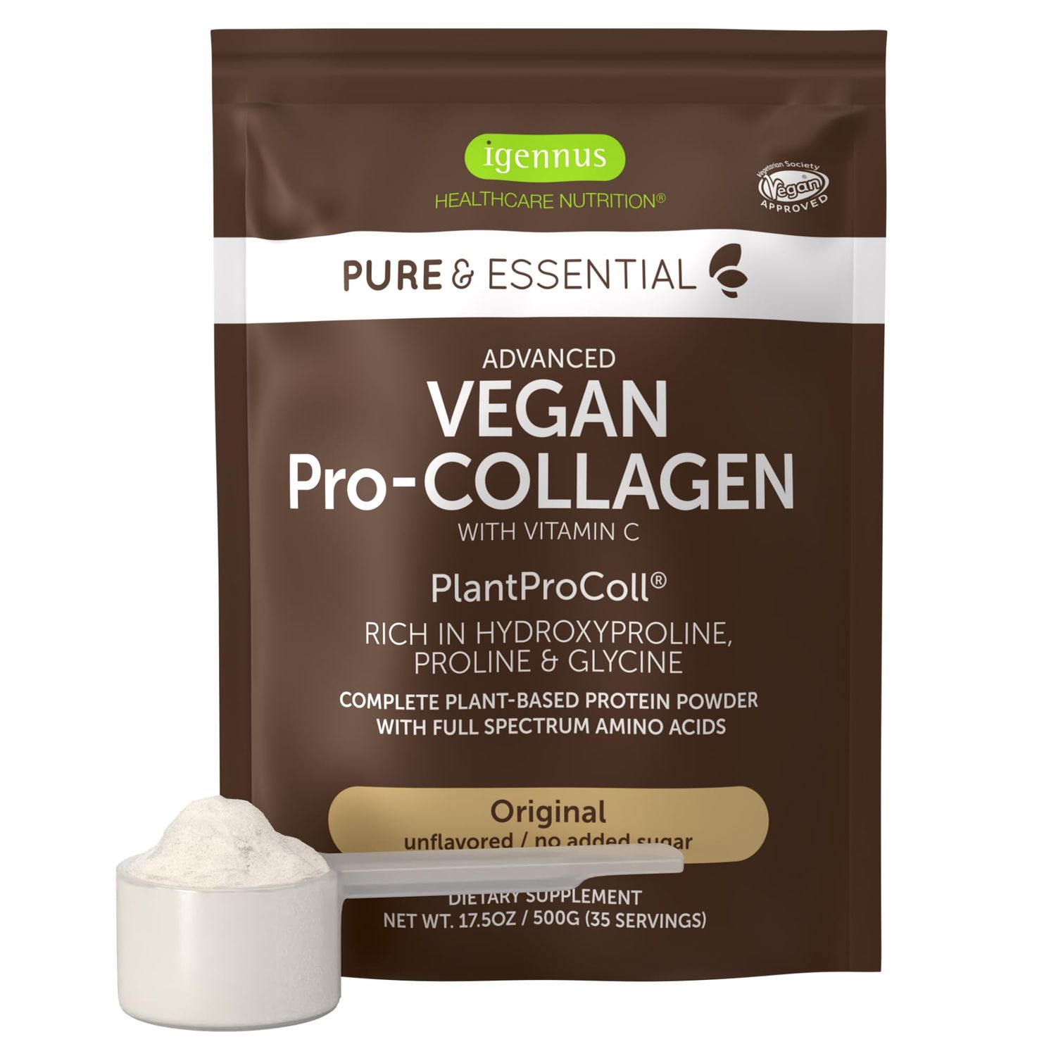Vegan Collagen Peptide Powder, Enhanced with Glycine, Proline &amp; Hydroxyproline &amp; Cofactor Vitamin C, Non GMO, Complete Vegetarian Plant Based Collagen Powder Booster, 35 Servings, Pure &amp; Essential