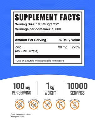 BulkSupplements.com Zinc Citrate Powder - Zinc Supplements, Zinc 30mg - Pure Zinc Citrate for Immune Support - Gluten Free, 100mg per Serving, 1kg (2.2 lbs) (Pack of 1)