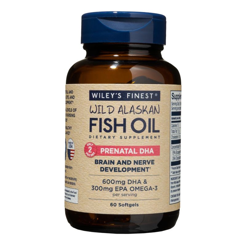 Wiley&#39;s Finest Wild Alaskan Fish Oil Prenatal DHA - 720mg EPA and DHA Omega-3s for Pregnant Women and Nursing Mothers - 60 Softgels (30 Prenatal Vitamin Servings)