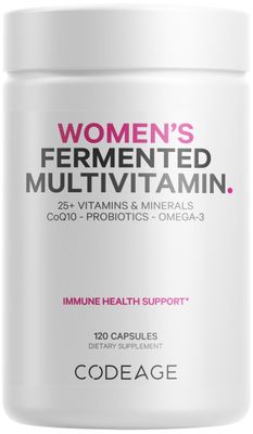 Codeage Womens Daily Multivitamin, 25+ Vitamins &amp; Minerals, Fermented, Organic Whole Foods, Probiotics Supplement - Vitamin A, Vitamin B, Vitamins C, D, E &amp; K, Omega 3, Zinc - Vegan - 120 Capsules