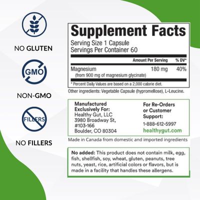 Healthy Gut Magnesium-HP | Ultra Pure Glycinate with Zero Fillers | 180 mg Magnesium Glycinate | 60 Servings