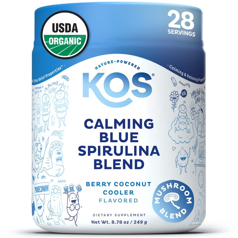 KOS Calming Blue Spirulina Blend- USDA Certified Organic - Algae Superfood Powder with Ashwagandha Root, Lemon Balm, Reishi Mushroom, B Vitamins - Berry Coconut Cooler Flavor, 28 Servings