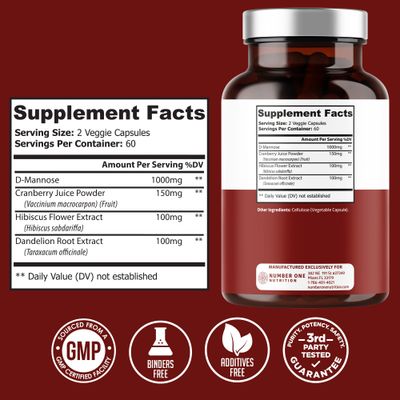 Number One Nutrition 2-Pack N1N Premium D Mannose with Cranberry and Dandelion [Max Strength, 1350mg] Supports Urinary Tract Health, Flush Impurities and Bladder Health Support, 240 Veg Caps