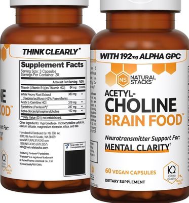 NATURAL STACKS Acetylcholine Alpha GPC 192 mg - 383 mg White Peony Root Extract + 287 mg Pantethine with Vitamin B1 and B5 - Supports Mental Clarity - 60 Acetylcholine Capsules