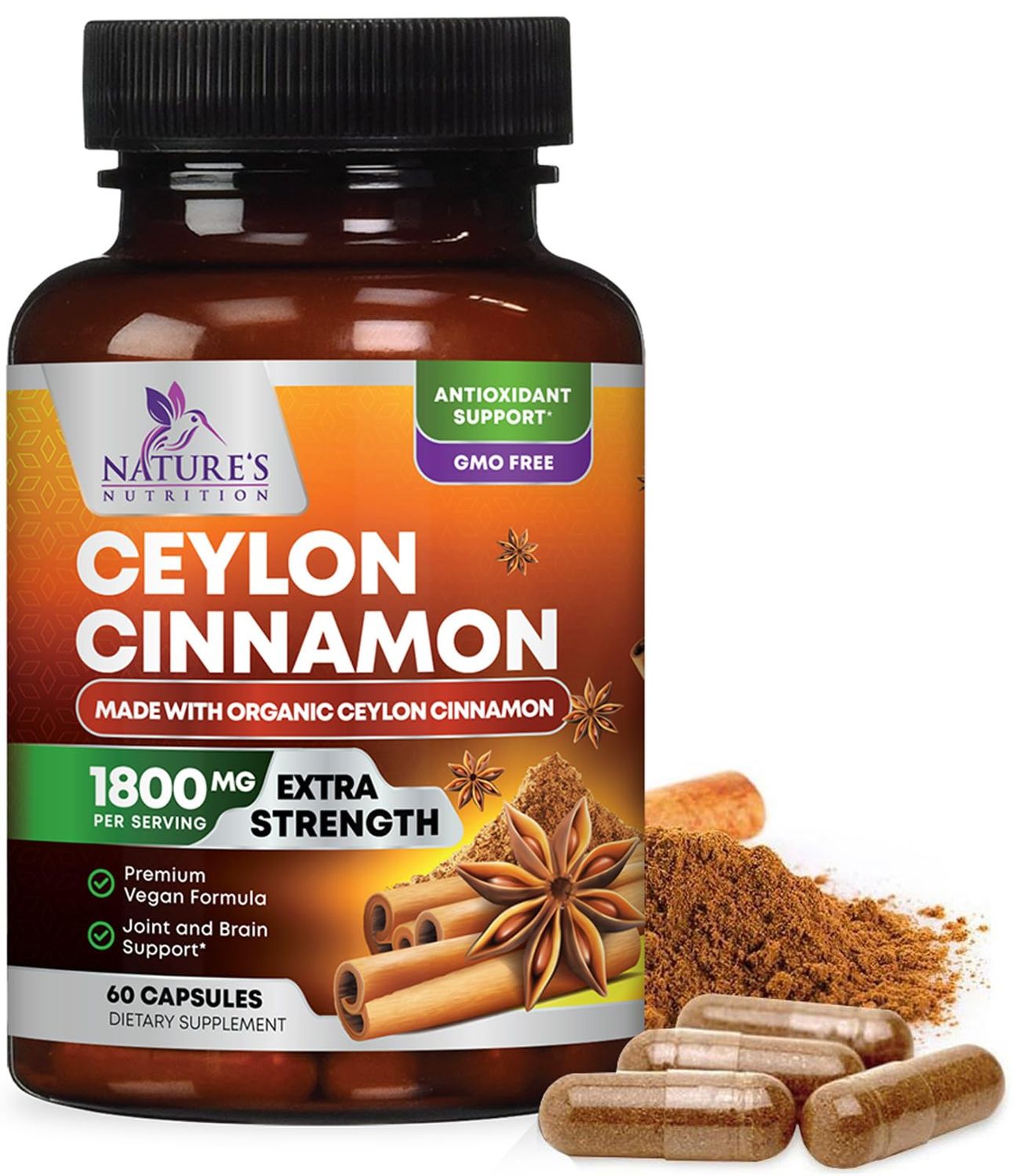 Pure Cinnamon Capsules, Certified Organic Ceylon Cinnamon Pills, Non-GMO, Gluten-Free, Dairy-Free, Sri Lanka Cinnamon Powder Supplement, Best Vegan True Cinnamomum Vitamins, Sugar Free - 60 Capsules