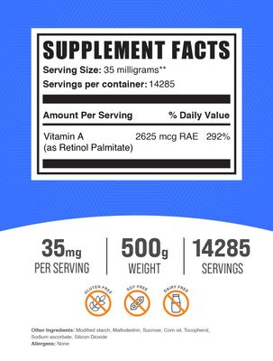 BulkSupplements.com Vitamin A Palmitate Powder - as Retinol Palmitate, Vitamin A Supplement for Immune & Eye Support - Gluten Free, 35mg per Serving, 500g (1.1 lbs) (Pack of 1)