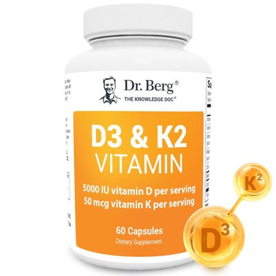 Dr. Berg D3 K2 Vitamin 5000 IU w/MCT Powder - Includes 50 mcg MK7 Vitamin K2, Purified Bile Salts, Zinc &amp; Magnesium for Ultimate Absorption - K2 D3 Vitamin Supplement - 60 Capsules