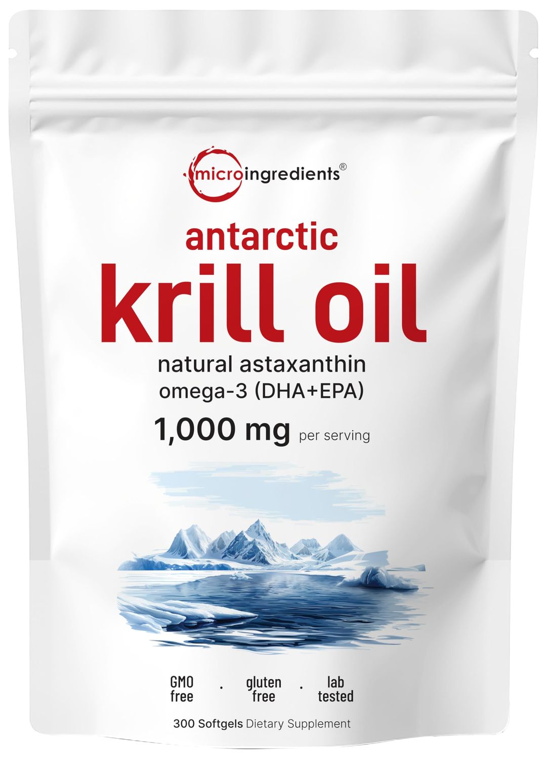 Micro Ingredients Antarctic Krill Oil Supplement, 1000mg Per Serving, 300 Soft-Gels, Rich in Omega-3s EPA, DHA &amp; Natural Astaxanthin, Supports Immune System &amp; Brain Health, Easy to Swallow