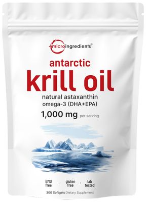 Micro Ingredients Antarctic Krill Oil Supplement, 1000mg Per Serving, 300 Soft-Gels, Rich in Omega-3s EPA, DHA &amp; Natural Astaxanthin, Supports Immune System &amp; Brain Health, Easy to Swallow