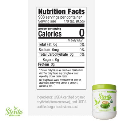 Stevita Organic Stevia - 16 oz - Stevia &amp; Erythritol All-Natural Sweetener, No Calories - USDA Organic, Non-GMO, Vegan, Keto, Paleo, Gluten Free - 908 Servings