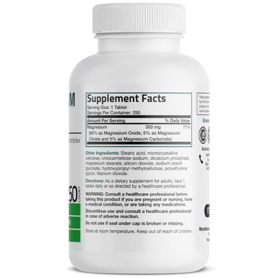 Triple Magnesium Complex Maximum Coverage 300 Mg Magnesium Oxide Magnesium Citrate Magnesium Carbonate, Non-GMO Formula, 250 Tablets