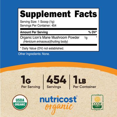 Nutricost Organic Lion's Mane Mushroom Powder 1LB - Certified USDA Organic