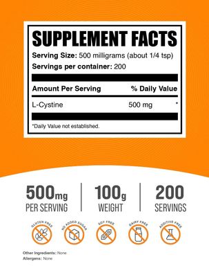 BulkSupplements.com L-Cystine Powder - L-Cystine 500mg, L-Cystine Supplement, Amino Acid Supplement - for Immune Support, Gluten Free, 500mg per Serving, 100g (3.5 oz) (Pack of 1)