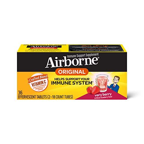 Airborne 1000mg Vitamin C with Zinc Effervescent Tablets, Immune Support Supplement with Powerful Antioxidants Vitamins A C &amp; E - 36 Fizzy Drink Tablets, Very Berry Flavor
