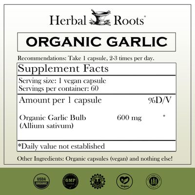 Herbal Roots Organic Whole Bulb Garlic Pills - Potent Extra Strength | 600 mg - 60 Organic Vegan Capsules