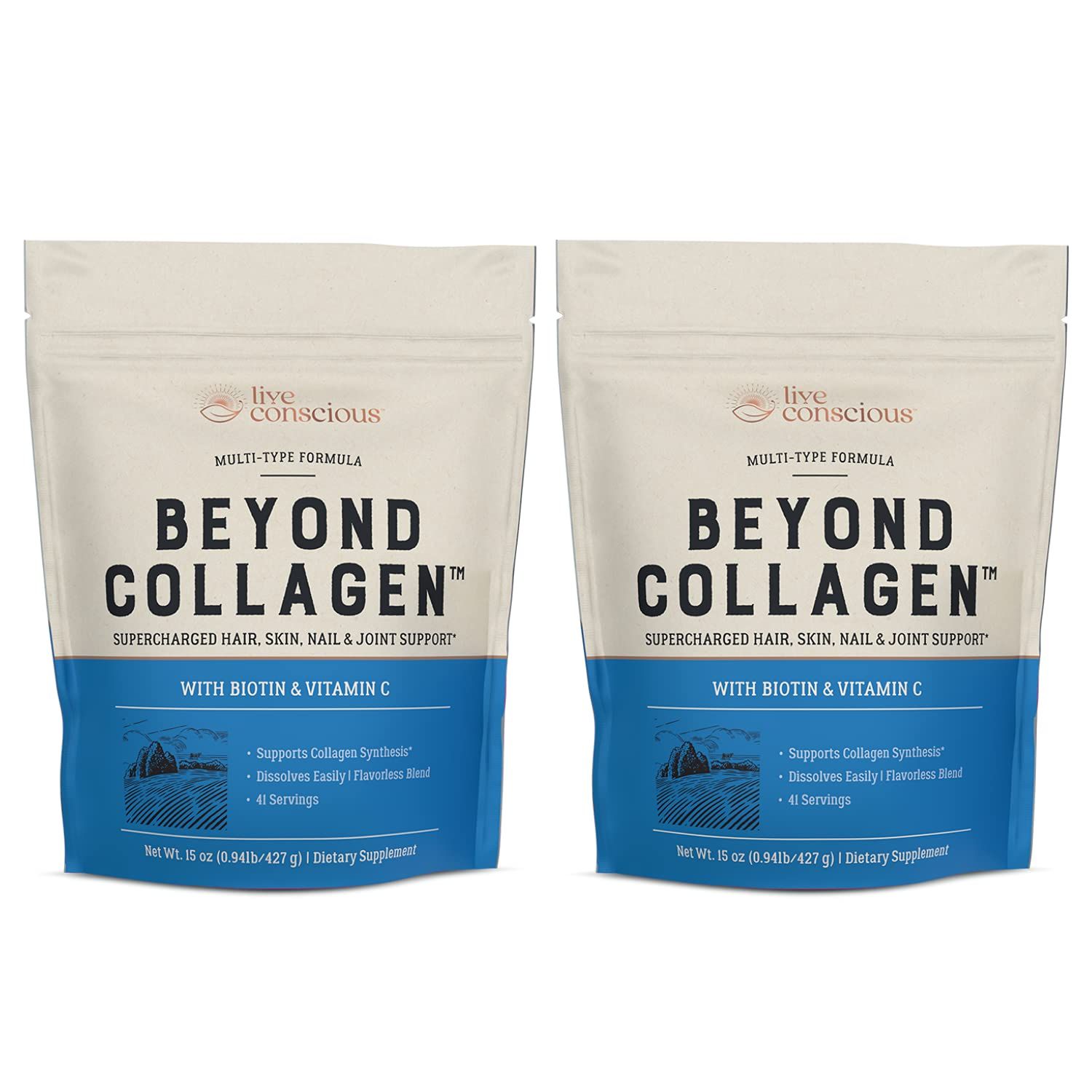 Live Conscious Beyond Collagen Multi Collagen Powder - Types I, II, III, V &amp; X | Keto Friendly, Hydrolyzed Blend with Biotin &amp; Vitamin C 15oz (2-Pack)